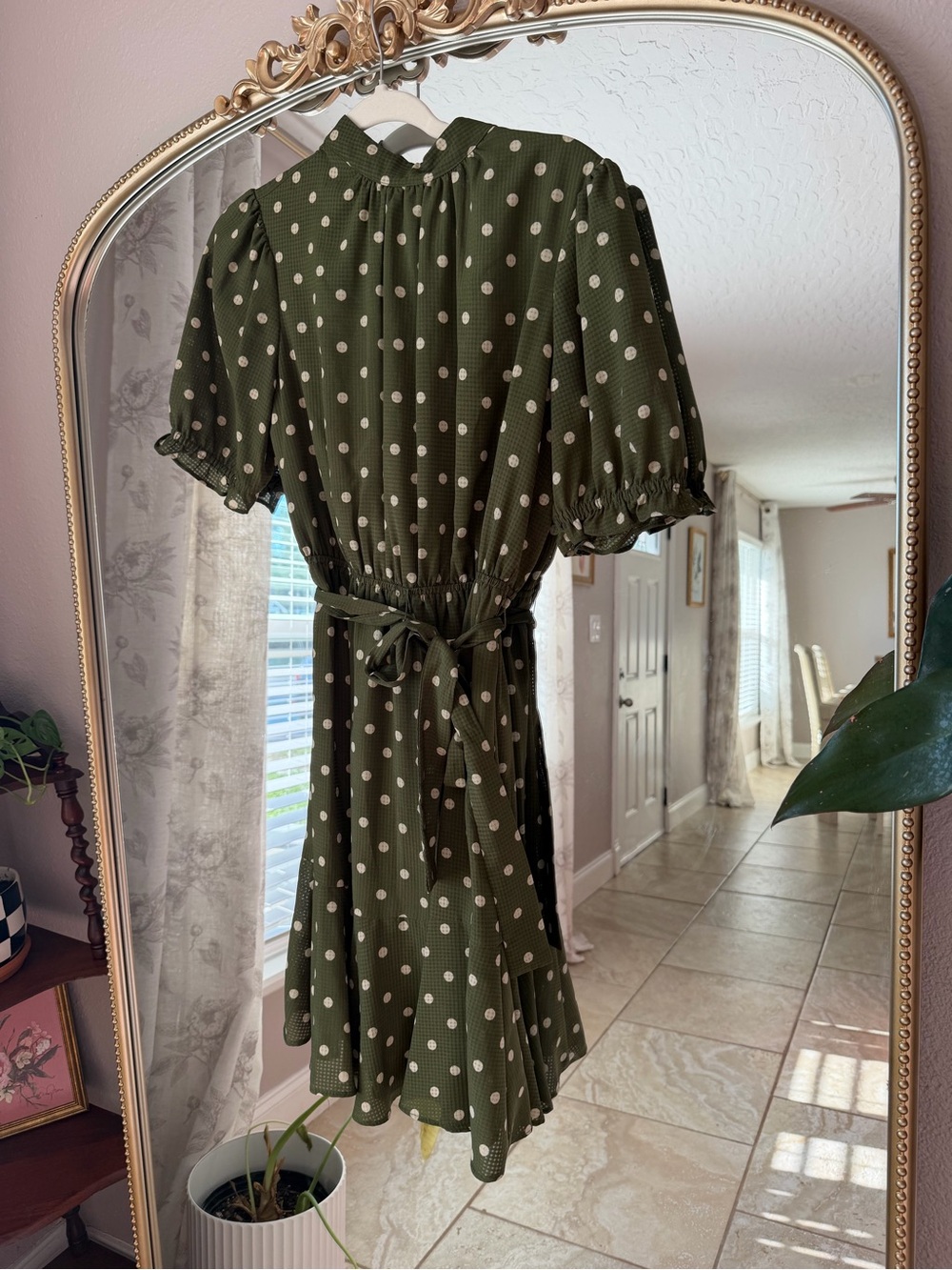 Tommy Hilfiger Olive Green Polka Dot Midi Dress with White Dots